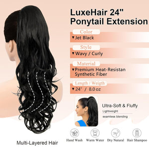 LuxeHair Ponytail Extension, 24" Claw Clip in Ponytail Curly wavy ponytail extension, Clip On Ponytail extension pony tails hair extensions hair pieces for Women-