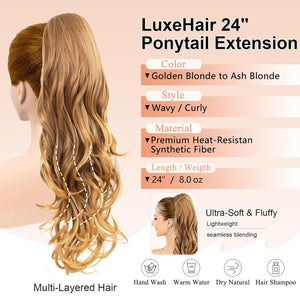 LuxeHair Ponytail Extension, 24" Claw Clip in Ponytail Curly wavy ponytail extension, Clip On Ponytail extension pony tails hair extensions hair pieces for Women-