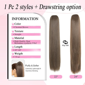 Straight Hair Extension – 24” Long Ponytail with Jaw Claw Clip in