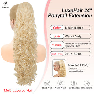 LuxeHair 24” Curly Claw Clip in Ponytail Extension, Fluffy Multi-Layered Jaw Clip Fake Pony tails, Instant Length & Style, Lightweight For Women Hairpiece -