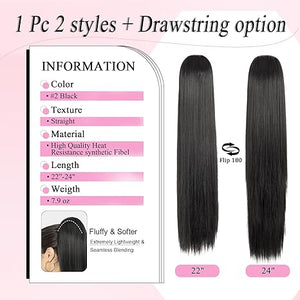 Straight Hair Extension – 24” Long Ponytail with Jaw Claw Clip in