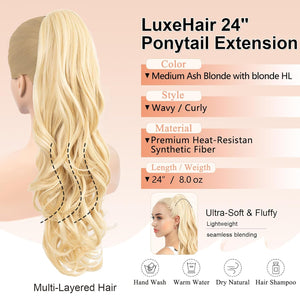 LuxeHair Ponytail Extension, 24" Claw Clip in Ponytail Curly wavy ponytail extension, Clip On Ponytail extension pony tails hair extensions hair pieces for Women-