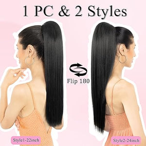 Straight Hair Extension – 24” Long Ponytail with Jaw Claw Clip in