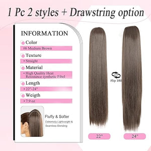 Straight Hair Extension – 24” Long Ponytail with Jaw Claw Clip in