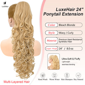 LuxeHair 24” Curly Claw Clip in Ponytail Extension, Fluffy Multi-Layered Jaw Clip Fake Pony tails, Instant Length & Style, Lightweight For Women Hairpiece -