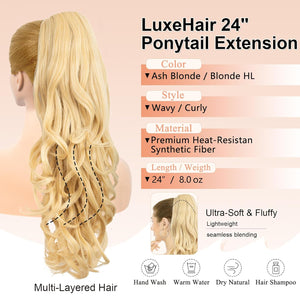 LuxeHair Ponytail Extension, 24" Claw Clip in Ponytail Curly wavy ponytail extension, Clip On Ponytail extension pony tails hair extensions hair pieces for Women-