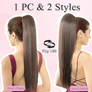 Straight Hair Extension – 24” Long Ponytail with Jaw Claw Clip in