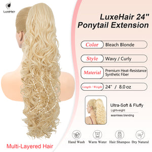 LuxeHair 24” Curly Claw Clip in Ponytail Extension, Fluffy Multi-Layered Jaw Clip Fake Pony tails, Instant Length & Style, Lightweight For Women Hairpiece -