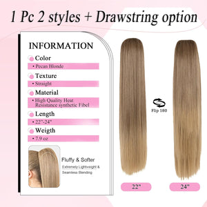 Straight Hair Extension – 24” Long Ponytail with Jaw Claw Clip in