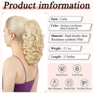 LuxeHair Claw Clip 13" Ponytail Extension, Classic Curly Claw Clip in pony tails Hair Extensions Hairpieces for Woman