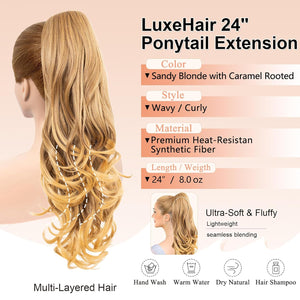 LuxeHair Ponytail Extension, 24" Claw Clip in Ponytail Curly wavy ponytail extension, Clip On Ponytail extension pony tails hair extensions hair pieces for Women-