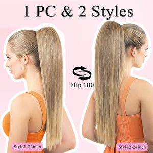 Straight Hair Extension – 24” Long Ponytail with Jaw Claw Clip in