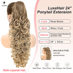 LuxeHair 24” Curly Claw Clip in Ponytail Extension, Fluffy Multi-Layered Jaw Clip Fake Pony tails, Instant Length & Style, Lightweight For Women Hairpiece -