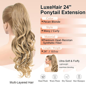 LuxeHair Ponytail Extension, 24" Claw Clip in Ponytail Curly wavy ponytail extension, Clip On Ponytail extension pony tails hair extensions hair pieces for Women-