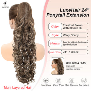 LuxeHair 24” Curly Claw Clip in Ponytail Extension, Fluffy Multi-Layered Jaw Clip Fake Pony tails, Instant Length & Style, Lightweight For Women Hairpiece -