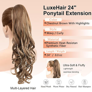 LuxeHair Ponytail Extension, 24" Claw Clip in Ponytail Curly wavy ponytail extension, Clip On Ponytail extension pony tails hair extensions hair pieces for Women-