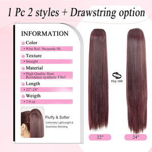 Straight Hair Extension – 24” Long Ponytail with Jaw Claw Clip in