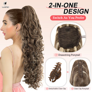 LuxeHair 24” Curly Claw Clip in Ponytail Extension, Fluffy Multi-Layered Jaw Clip Fake Pony tails, Instant Length & Style, Lightweight For Women Hairpiece -