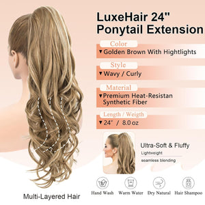 LuxeHair Ponytail Extension, 24" Claw Clip in Ponytail Curly wavy ponytail extension, Clip On Ponytail extension pony tails hair extensions hair pieces for Women-