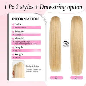 Straight Hair Extension – 24” Long Ponytail with Jaw Claw Clip in