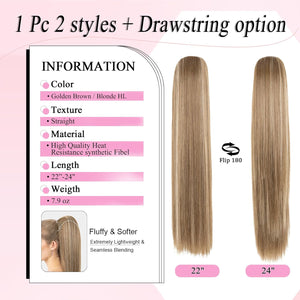 Straight Hair Extension – 24” Long Ponytail with Jaw Claw Clip in