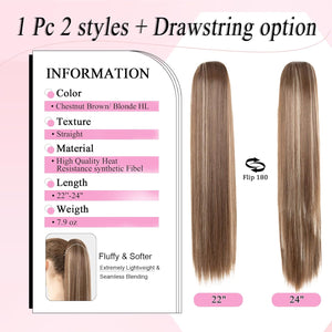 Straight Hair Extension – 24” Long Ponytail with Jaw Claw Clip in