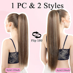 Straight Hair Extension – 24” Long Ponytail with Jaw Claw Clip in
