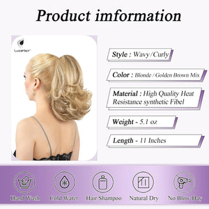 LuxeHair 11” Classic Short Curly Clip In Ponytail Extension, Claw Clip hair extensions, Multi Layered Clip on ponytail Claw Clip Ponytail Extension for women