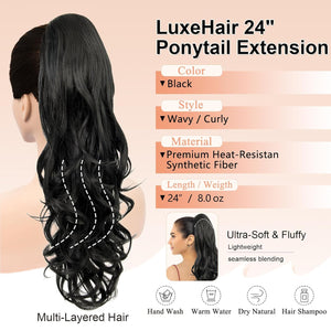 LuxeHair Ponytail Extension, 24" Claw Clip in Ponytail Curly wavy ponytail extension, Clip On Ponytail extension pony tails hair extensions hair pieces for Women-