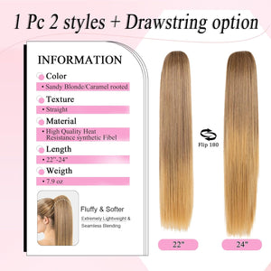 Straight Hair Extension – 24” Long Ponytail with Jaw Claw Clip in