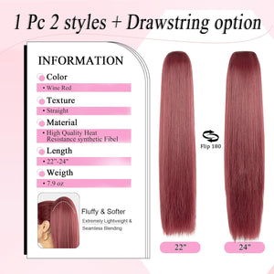Straight Hair Extension – 24” Long Ponytail with Jaw Claw Clip in