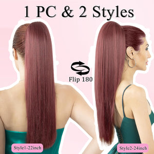 Straight Hair Extension – 24” Long Ponytail with Jaw Claw Clip in