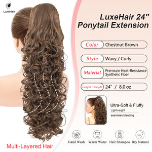 LuxeHair 24” Curly Claw Clip in Ponytail Extension, Fluffy Multi-Layered Jaw Clip Fake Pony tails, Instant Length & Style, Lightweight For Women Hairpiece -