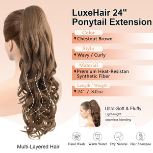LuxeHair Ponytail Extension, 24" Claw Clip in Ponytail Curly wavy ponytail extension, Clip On Ponytail extension pony tails hair extensions hair pieces for Women-