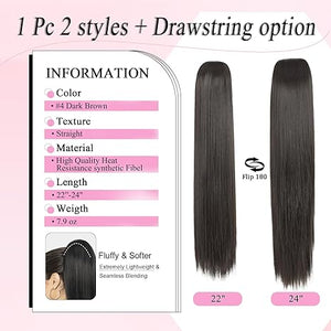 Straight Hair Extension – 24” Long Ponytail with Jaw Claw Clip in