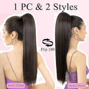 Straight Hair Extension – 24” Long Ponytail with Jaw Claw Clip in