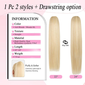 Straight Hair Extension – 24” Long Ponytail with Jaw Claw Clip in