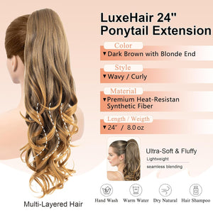 LuxeHair Ponytail Extension, 24" Claw Clip in Ponytail Curly wavy ponytail extension, Clip On Ponytail extension pony tails hair extensions hair pieces for Women-