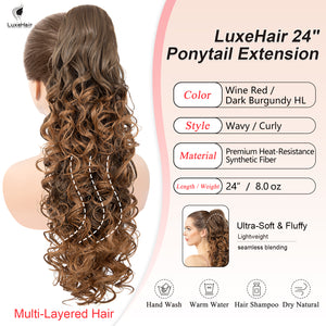 LuxeHair 24” Curly Claw Clip in Ponytail Extension, Fluffy Multi-Layered Jaw Clip Fake Pony tails, Instant Length & Style, Lightweight For Women Hairpiece -