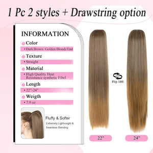 Straight Hair Extension – 24” Long Ponytail with Jaw Claw Clip in