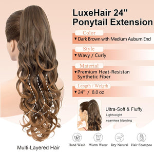 LuxeHair Ponytail Extension, 24" Claw Clip in Ponytail Curly wavy ponytail extension, Clip On Ponytail extension pony tails hair extensions hair pieces for Women-