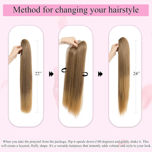 Straight Hair Extension – 24” Long Ponytail with Jaw Claw Clip in