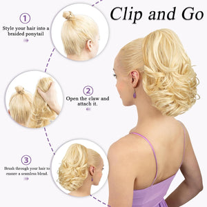 11” Classic Loose Curly Claw Clip In Ponytail Extension, Short Curly Wavy Claw Clip On Ponytails Hair Extensions Hairpieces for Women- Pecan Blonde