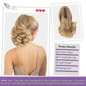 11” Classic Loose Curly Claw Clip In Ponytail Extension, Short Curly Wavy Claw Clip On Ponytails Hair Extensions Hairpieces for Women- Pecan Blonde
