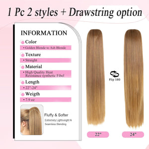 Straight Hair Extension – 24” Long Ponytail with Jaw Claw Clip in