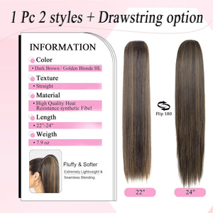 Straight Hair Extension – 24” Long Ponytail with Jaw Claw Clip in