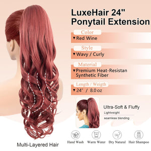 LuxeHair Ponytail Extension, 24" Claw Clip in Ponytail Curly wavy ponytail extension, Clip On Ponytail extension pony tails hair extensions hair pieces for Women-