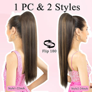 Straight Hair Extension – 24” Long Ponytail with Jaw Claw Clip in