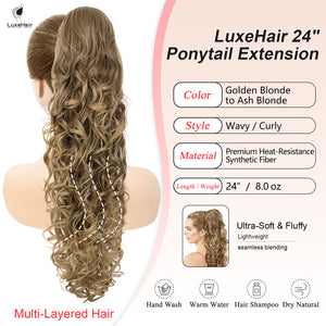 Curly Wavy Hair Extension – 24” Long Ponytail with Jaw Claw Clip in