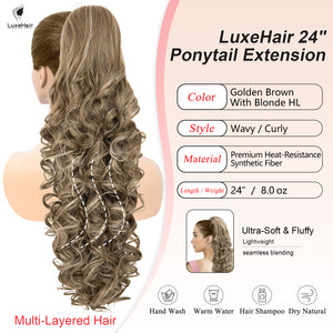 Curly Wavy Hair Extension – 24” Long Ponytail with Jaw Claw Clip in